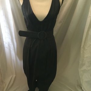 Bill Blass New York, grey denim dress with pockets and hidden belt